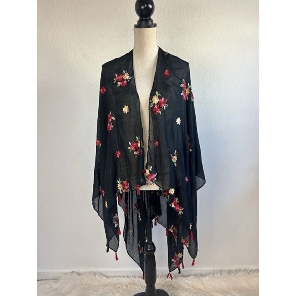 Harve Benard Black Boho Floral Embroidered Lightweight Shawl Wrap Kimono OS